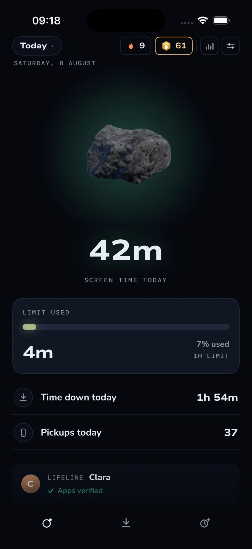 The current Eclipse Home screen with the Moon earned away from the phone, today's screen-time limit, phone-down minutes, pickups and the week at a glance